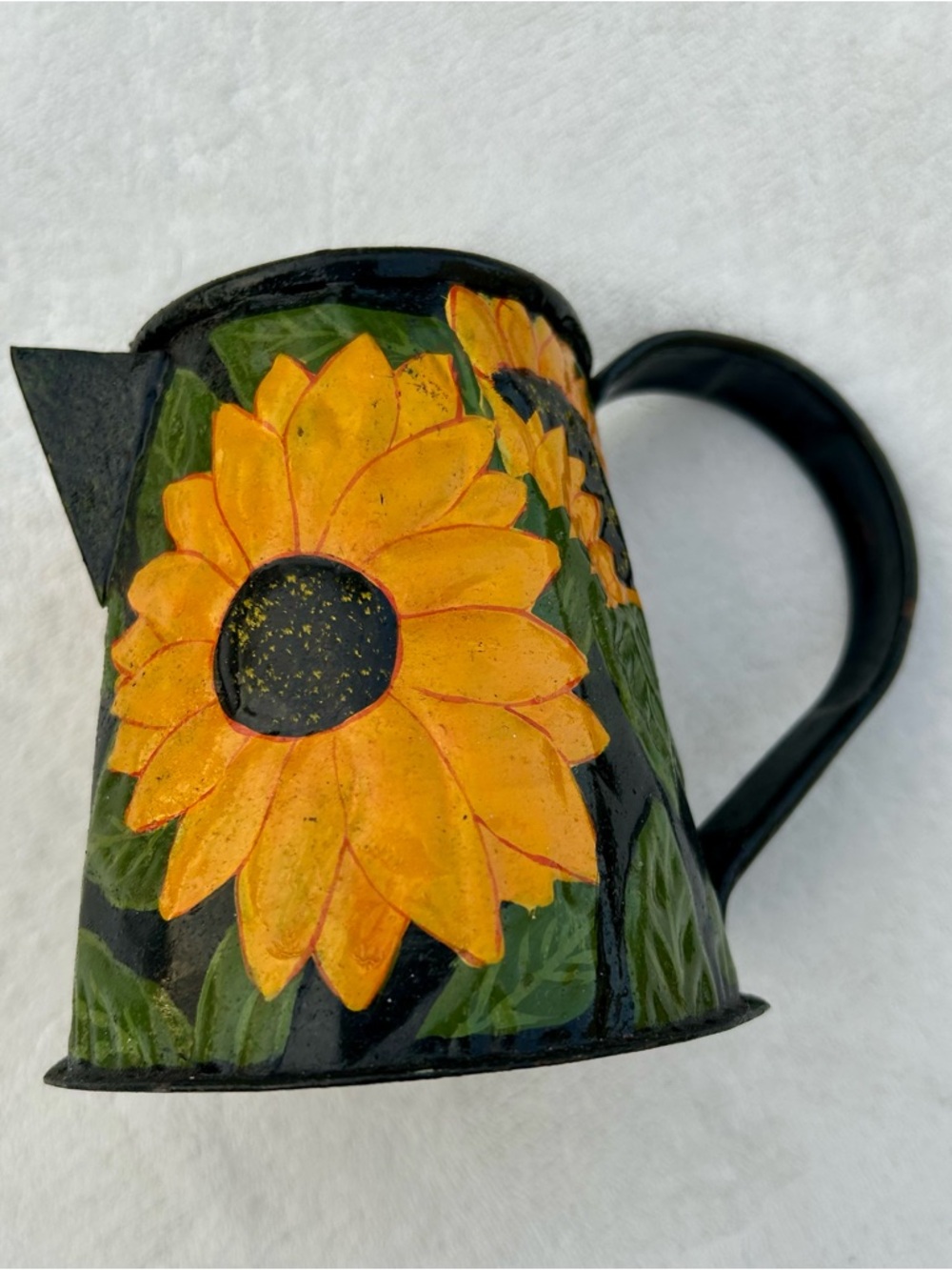 90’s Vintage Holsey Sculptures Decorative Tin Potcher Black Sunflowers